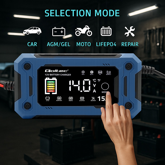 Qoltec Prostownik 12V 15A Ładowarka mikroprocesorowa LCD