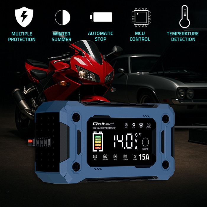 Qoltec Prostownik 12V 15A Ładowarka mikroprocesorowa LCD