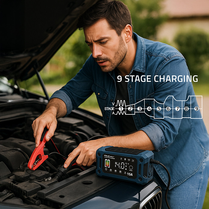 Qoltec Prostownik 12V 15A Ładowarka mikroprocesorowa LCD