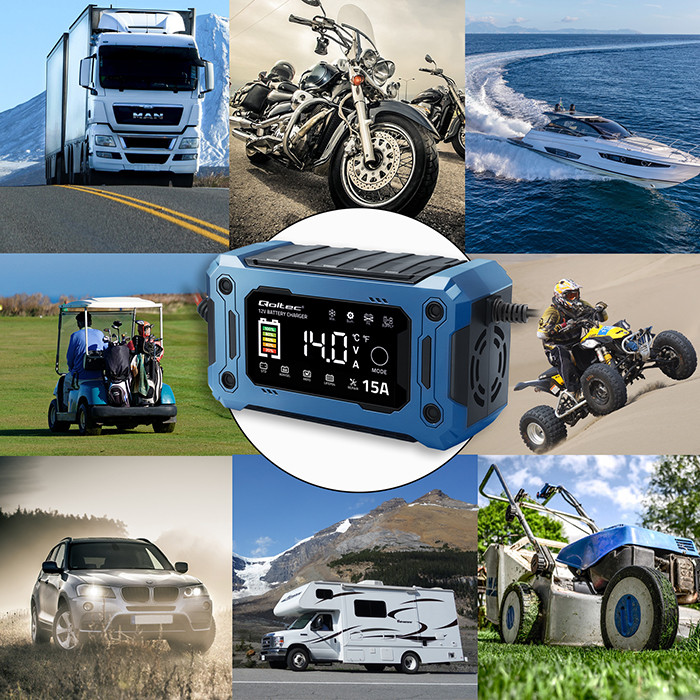 Qoltec Prostownik 12V 15A Ładowarka mikroprocesorowa LCD