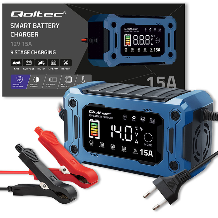 Qoltec Prostownik 12V 15A Ładowarka mikroprocesorowa LCD