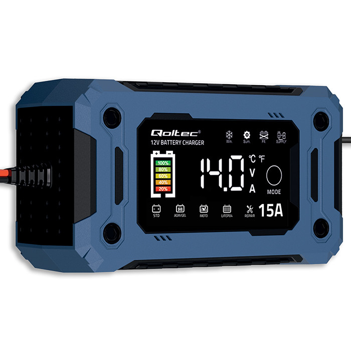Qoltec Prostownik 12V 15A Ładowarka mikroprocesorowa LCD