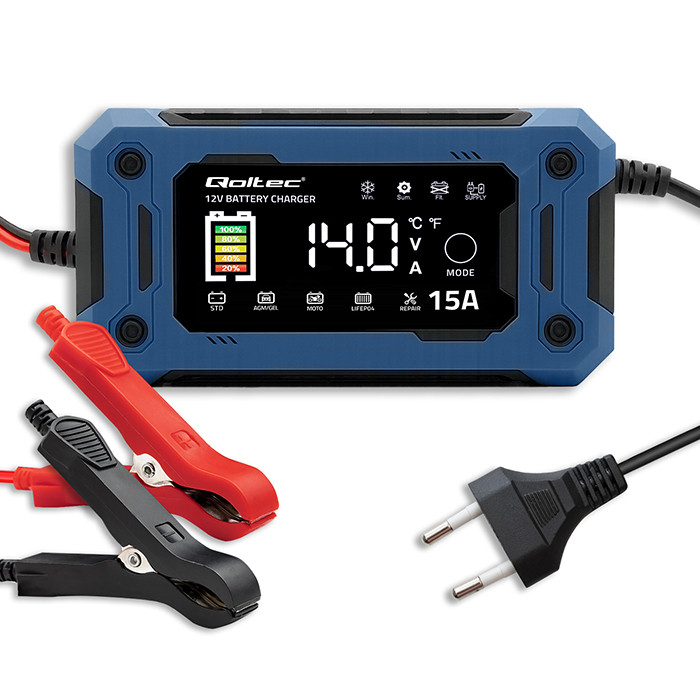 Qoltec Prostownik 12V 15A Ładowarka mikroprocesorowa LCD