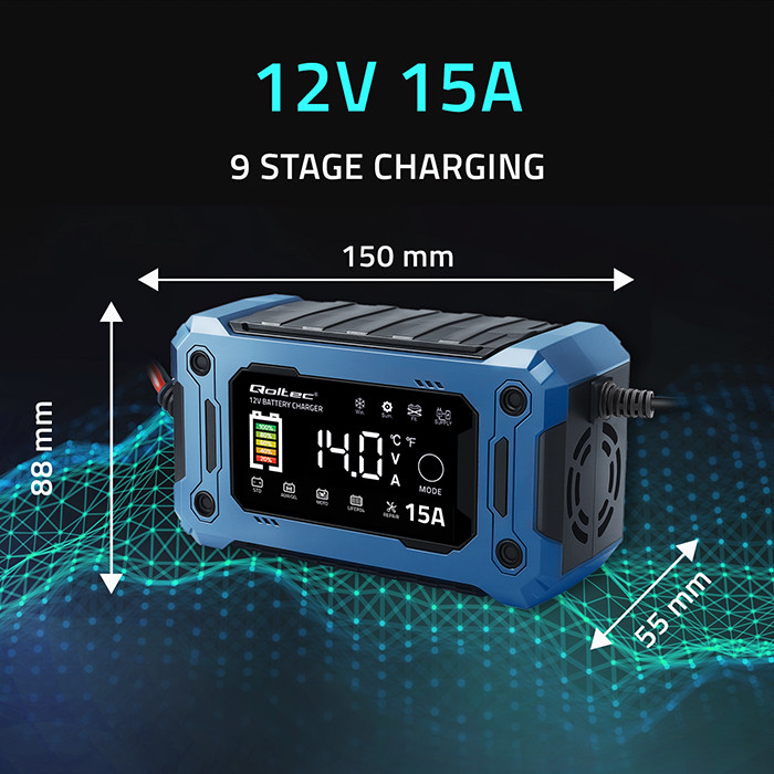 Qoltec Prostownik 12V 15A Ładowarka mikroprocesorowa LCD