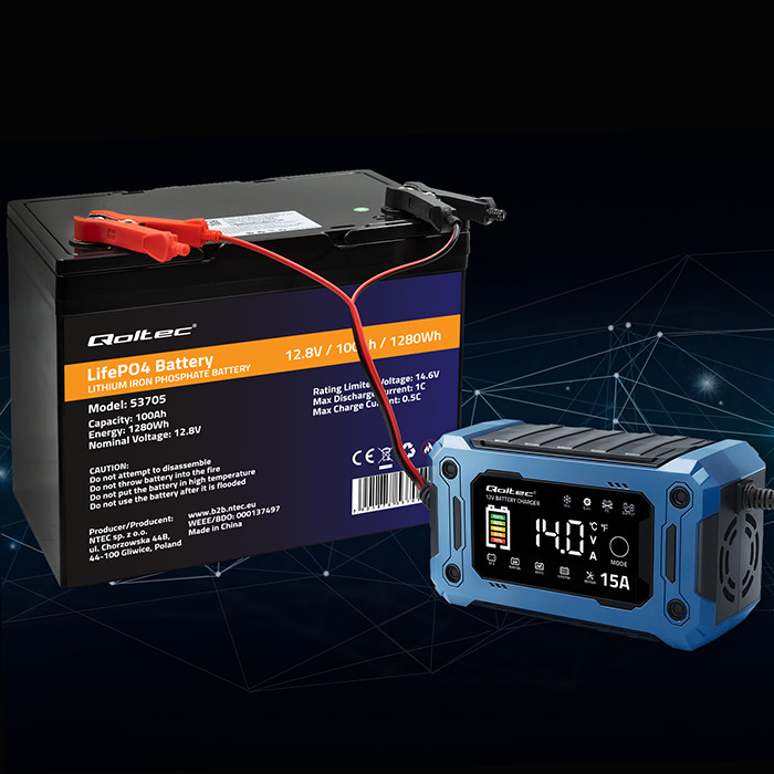 Qoltec Prostownik 12V 15A Ładowarka mikroprocesorowa LCD