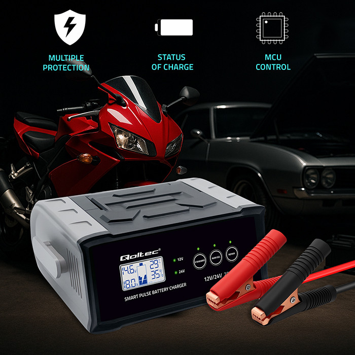 Qoltec Prostownik  Mikroprocesorowa Ładowarka 12/24V 25A LCD