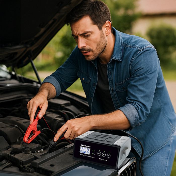 Qoltec Prostownik  Mikroprocesorowa Ładowarka 12/24V 25A LCD