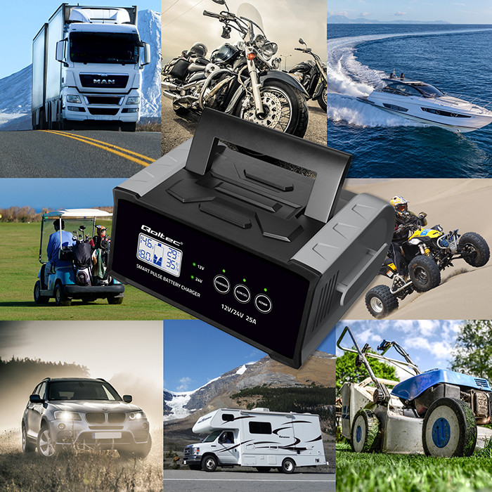 Qoltec Prostownik  Mikroprocesorowa Ładowarka 12/24V 25A LCD