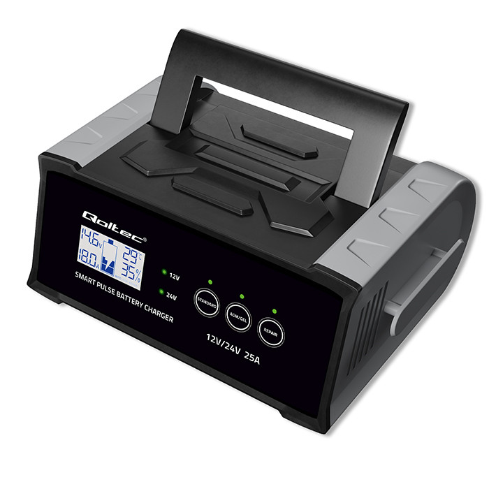 Qoltec Prostownik  Mikroprocesorowa Ładowarka 12/24V 25A LCD
