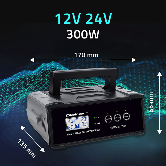 Qoltec Prostownik  Mikroprocesorowa Ładowarka 12/24V 25A LCD