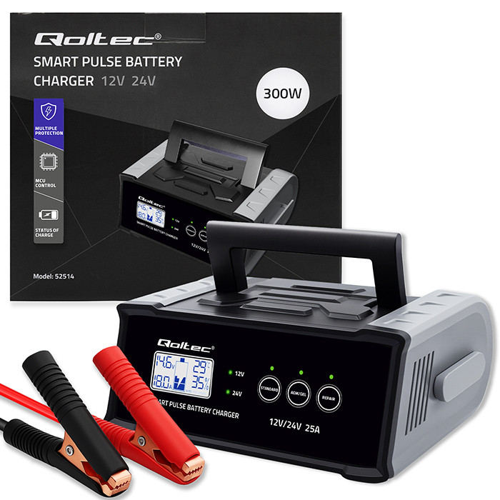 Qoltec Prostownik  Mikroprocesorowa Ładowarka 12/24V 25A LCD
