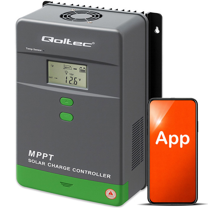 Qoltec Solarny regulator ładowania MPPT z czujnikiem temperatury 80A |12V / 24V / 36V / 48V | LCD | Bluetooth | APP | GEL | LiFePO4