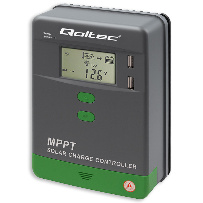 Qoltec Solarny regulator ładowania MPPT z czujnikiem temperatury 20A |12V / 24V | LCD | 2 x USB | GEL | LiFePO4