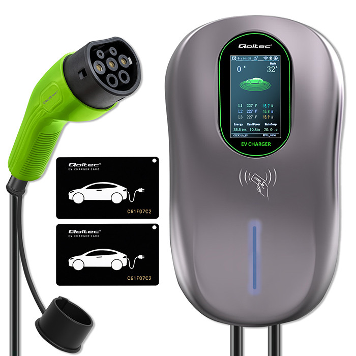 Qoltec Stacja ładowania EV Typ2 do samochodu elektrycznego i hybryd | 22kW | LCD | 2 Karty EV | 3 fazy | Wallbox | Hotel system | 5m