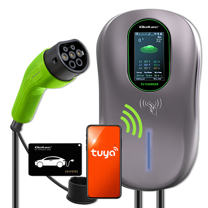 Qoltec Stacja ładowania EV Typ2 do samochodu elektrycznego i hybryd | 22kW | Wi-fi| Smart life | LCD | RFID | 3 fazy | Wallbox | 5m