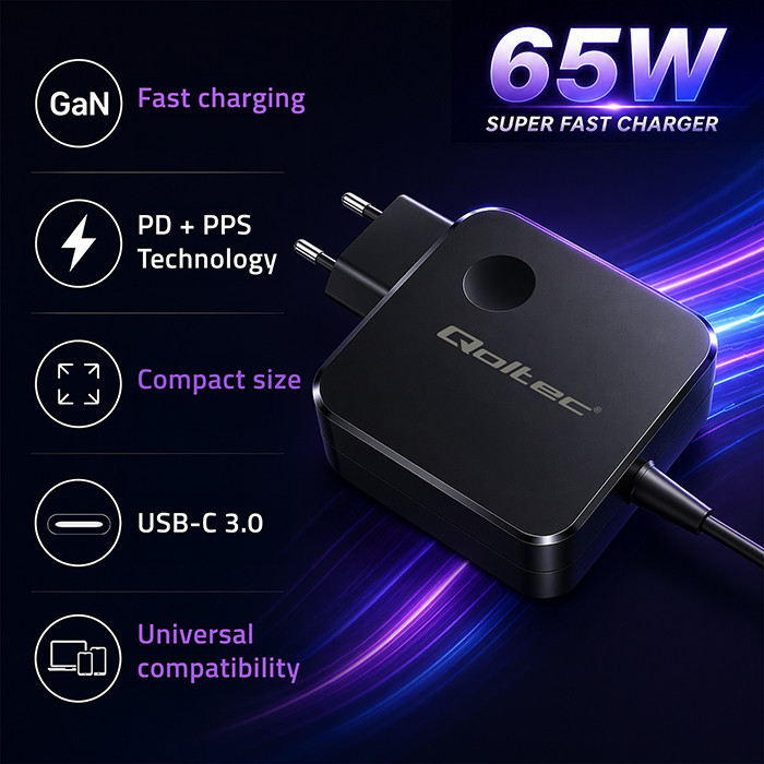 Qoltec ładowarka GaN 65W USB-C PD PPS