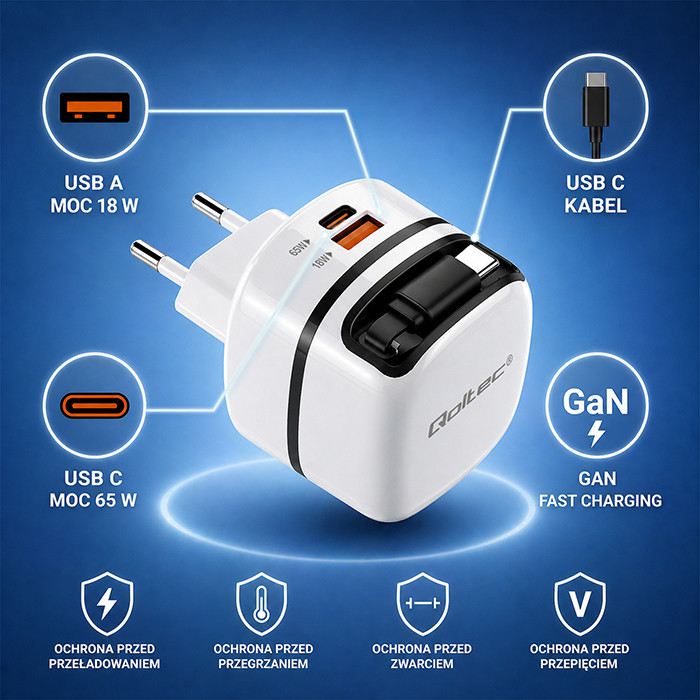 Qoltec Ładowarka GaN 65W USB-C PD/PPS