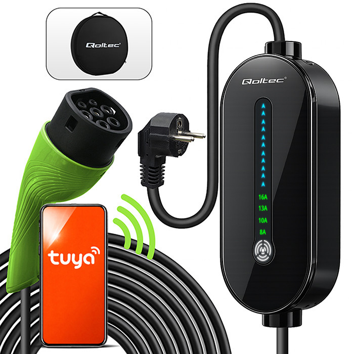 Qoltec Mobilna ładowarka do samochodu elektrycznego EV i hybryd z regulacją 2w1 Typ2 | 3.5kW | 230V | SCHUKO 16A | Wi-fi | TUYA | LED |  5m 