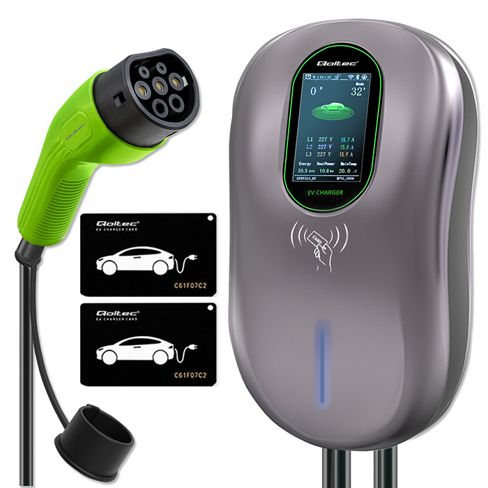 Qoltec Stacja ładowania EV Typ2 do samochodu elektrycznego i hybryd | 22kW | LCD | 2 Karty EV | 3 fazy | Wallbox | Hotel system | 5m
