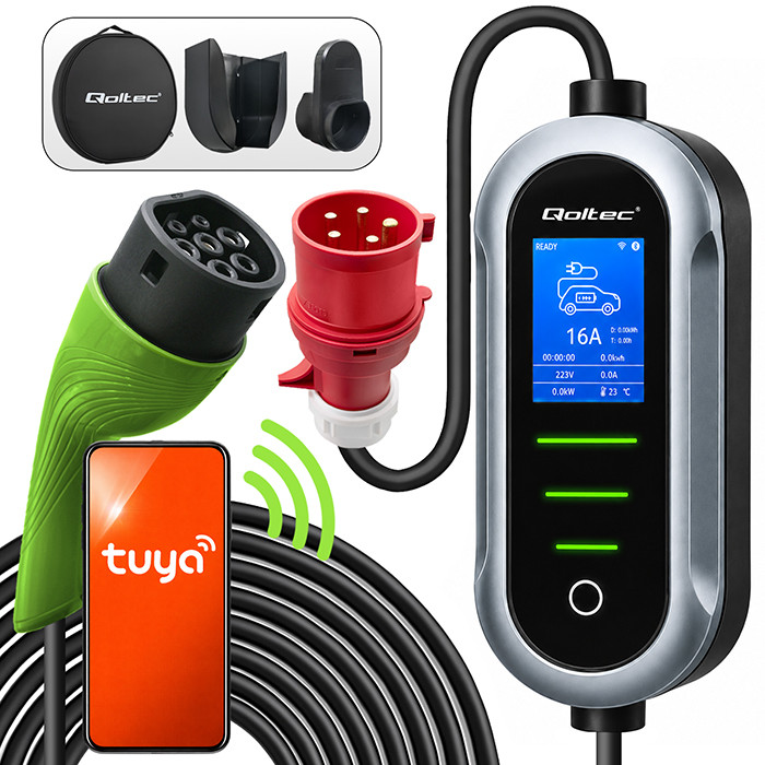 Qoltec Mobilna ładowarka do samochodu elektrycznego EV i hybryd z regulacją 2w1 Typ2 | 11kW | 400V | CEE 16A | Wi-fi | TUYA | SMART LIFE | LCD | Przenośna | Wallbox | 5m