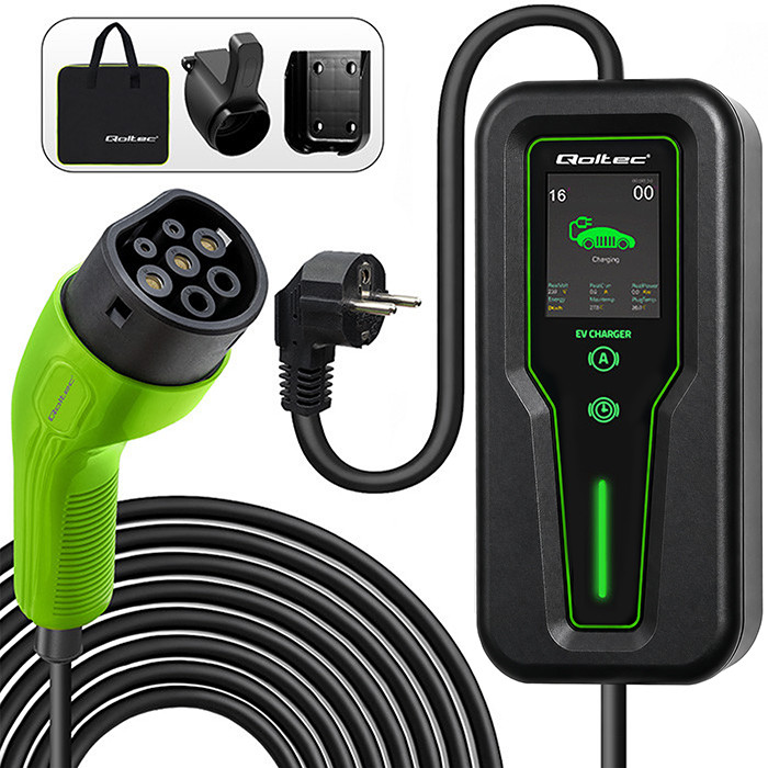 Qoltec Mobilna ładowarka do samochodu elektrycznego EV i hybryd z regulacją 2w1 Typ2 | 3.5kW | 230V | SCHUKO 16A | LCD | Przenośna | Wallbox | 5m 