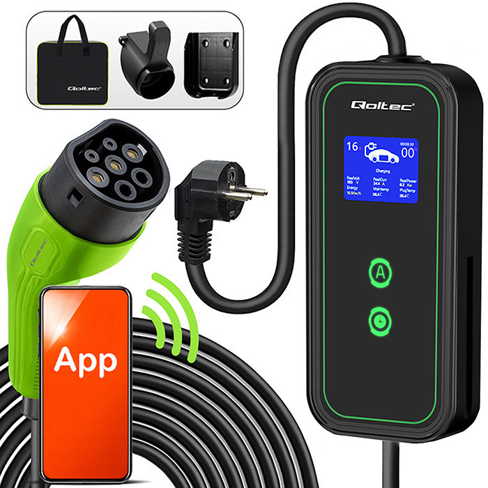Qoltec Mobilna ładowarka do samochodu elektrycznego EV i hybryd z regulacją 2w1 Typ2 | 3.5kW | 230V | SCHUKO 16A | Wi-fi | LCD | Przenośna | Wallbox | 5m