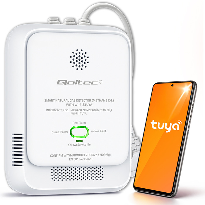 Qoltec Certyfikowany Czujnik wycieku gazu ziemnego | detektor CH4 | NG | Tuya | Wi-Fi | alarm 85dB | LED 
