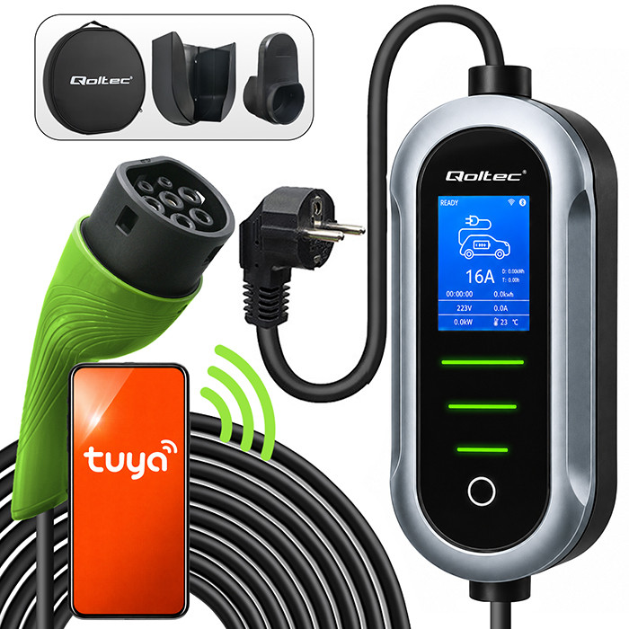 Qoltec Mobilna ładowarka do samochodu elektrycznego EV i hybryd z regulacją 2w1 Typ2 | 3.5kW | 230V | SCHUKO 16A | Wi-fi | TUYA | Smart Life | LCD | Przenośna | 5m