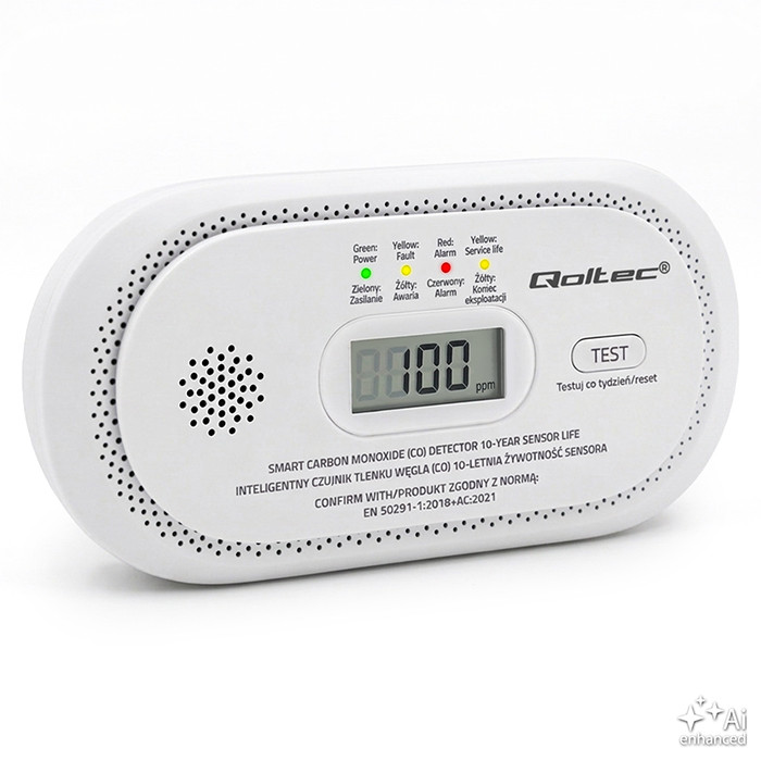 Qoltec Certyfikowany bezprzewodowy Czujnik tlenku węgla (czadu) | detektor CO | żywotność sensora 10 lat | alarm 85dB | LCD | Diody LED