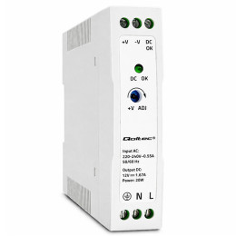 Qoltec Zasilacz na szynę DIN | 20W | 12V | 1.67A | Biały | Slim
