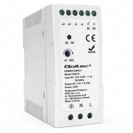Qoltec Zasilacz na szynę DIN | 40W | 12V | 3.33A | Biały | Slim