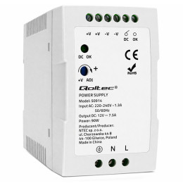 Qoltec Zasilacz na szynę DIN | 90W | 12V | 7.5A | Biały | Slim