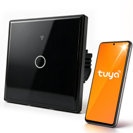 Qoltec Inteligentny dotykowy 1-kanałowy włącznik wyłącznik światła | Wi-Fi | Timer | Tuya | Smart life | Hartowane szkło | Czarny