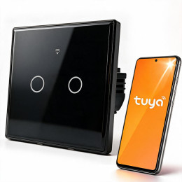 Qoltec Inteligentny dotykowy 2-kanałowy włącznik wyłącznik światła | Wi-Fi | Timer | Tuya | Smart life | Hartowane szkło | Czarny