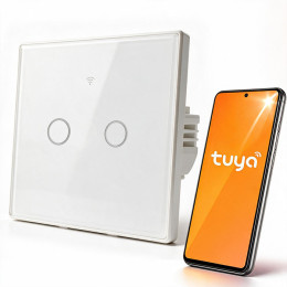 Qoltec Inteligentny dotykowy 2-kanałowy włącznik wyłącznik światła | Wi-Fi | Timer | Tuya | Smart life | Hartowane szkło | Biały