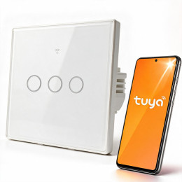 Qoltec Inteligentny dotykowy 3-kanałowy włącznik wyłącznik światła | Wi-Fi | Timer |  Tuya | Smart life | Hartowane szkło | Biały