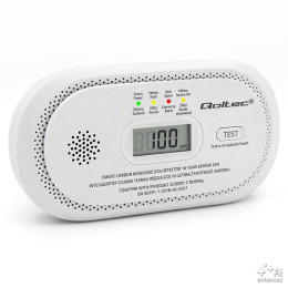 Qoltec Certyfikowany bezprzewodowy Czujnik tlenku węgla (czadu) | detektor CO | żywotność sensora 10 lat | alarm 85dB | LCD | Diody LED