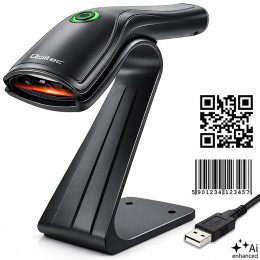 Qoltec Precyzyjny Skaner czytnik kod&oacute;w kreskowych 1D 2D + stojak na skaner | QR | EAN |  USB 