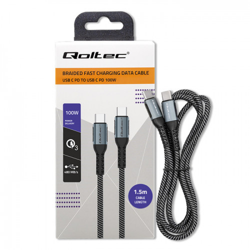 Qoltec Kabel USB 2.0 typ C |  USB 2.0 typ C 100W | QC 3.0 |  PD | 1.5m | Czarny