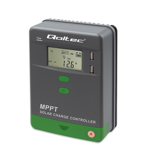 Qoltec Solarny regulator ładowania MPPT z czujnikiem temperatury 10A |12V / 24V | LCD | 2 x USB | Bluetooth | APP | GEL | LiFePO4