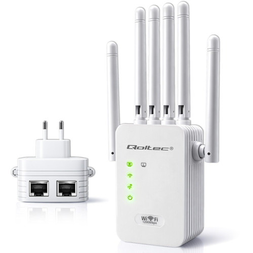 Qoltec Wzmacniacz sygnału  WiFi 5 | Repeater | Access Point | AC1200 | 6 Anten | 2x RJ45 | 128MB 