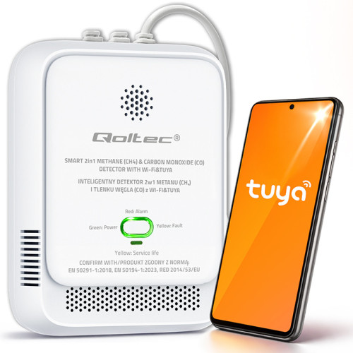 Qoltec Certyfikowany Czujnik 2w1 wycieku gazu ziemnego i tlenku węgla (czadu) | detektor CH4 | CO | NG | Tuya | Wi-Fi | alarm 85dB | LED