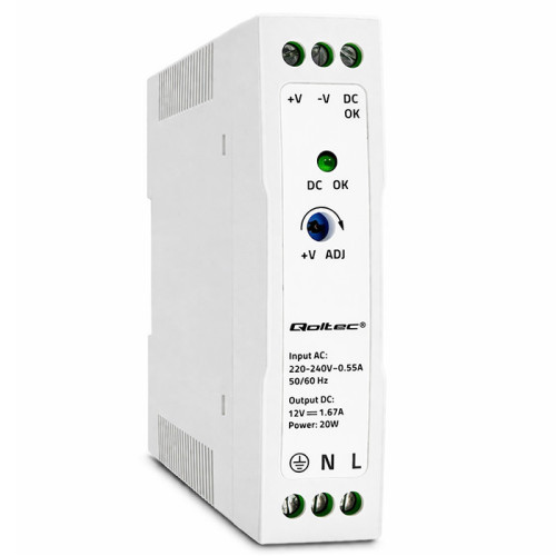 Qoltec Zasilacz na szynę DIN | 20W | 12V | 1.67A | Biały | Slim