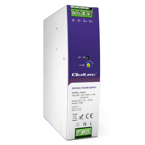 Qoltec Przemysłowy zasilacz na szynę DIN | 75W | 12V | 6.3A