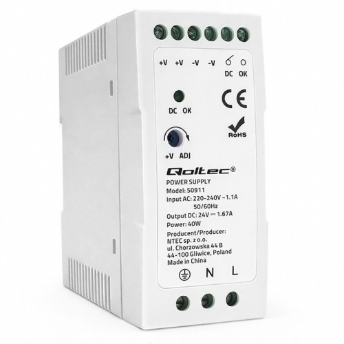Qoltec Zasilacz na szynę DIN | 40W | 24V | 1.67A | Biały | Slim