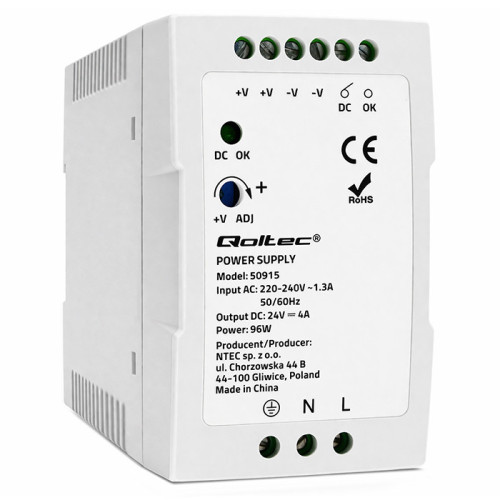 Qoltec Zasilacz na szynę DIN | 96W | 24V | 4A | Biały| Slim