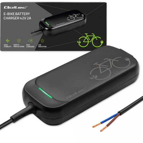 Qoltec Szybka Ładowarka do roweru hulajnogi skutera elektrycznego 36V | 42V | 2A | przew&oacute;d otwarty bez wtyczki | wodoodporna +kabel zasilający