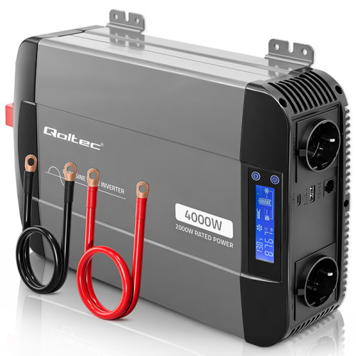 Qoltec Przetwornica napięcia Pure Sine Wave | 12V na 230V | 2000/4000W | LCD | USB | USB-C | Kompatybilna z LiFePO4 GEL AGM