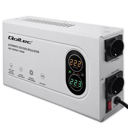 Qoltec Automatyczny Stabilizator napięcia AVR 2000VA | 1200W | Compact | Toroidalny transformator 