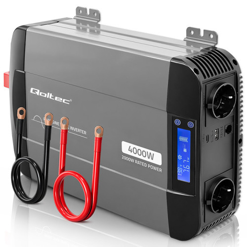 Qoltec Przetwornica napięcia Pure Sine Wave | 12V na 230V | 2000/4000W | LCD | USB | USB-C | Kompatybilna z LiFePO4 GEL AGM
